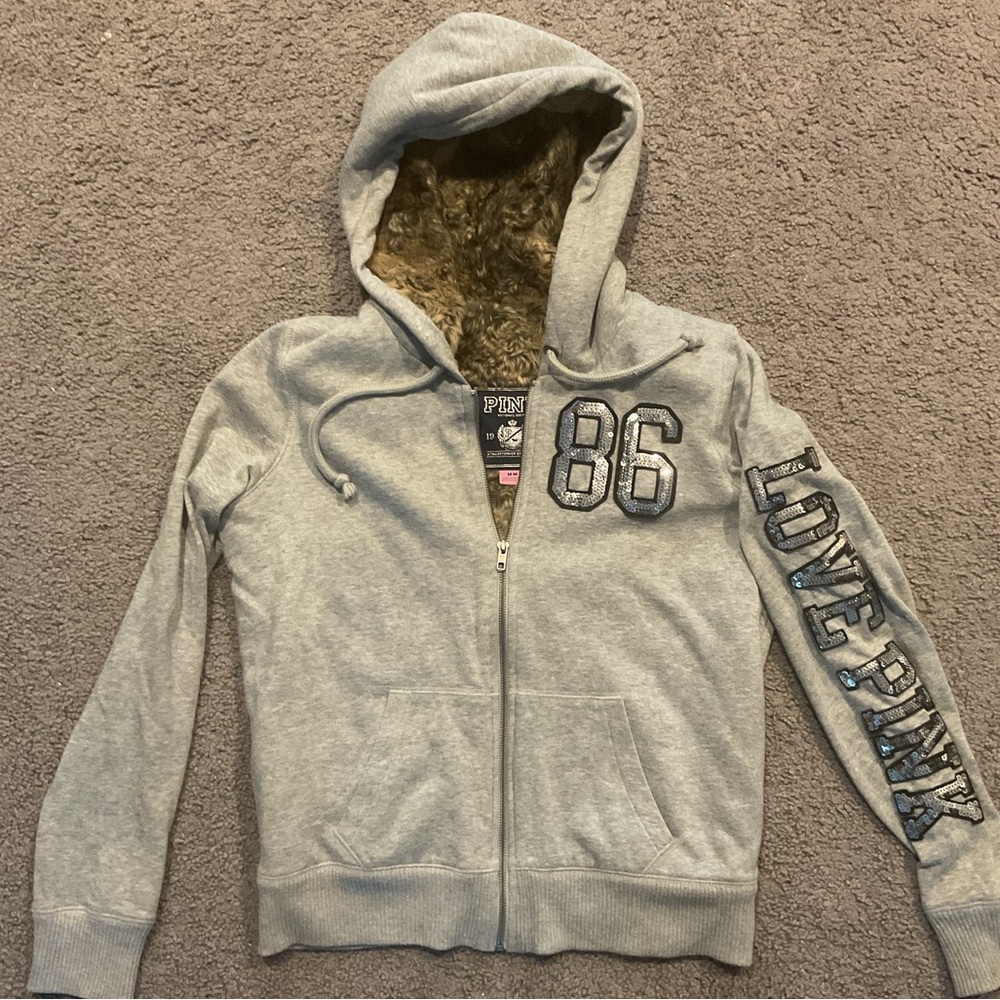 VS Victoria’s Secret PINK VTG Faux Fur Bling Sequin Hoodie Jacket Sweatshirt Y2K